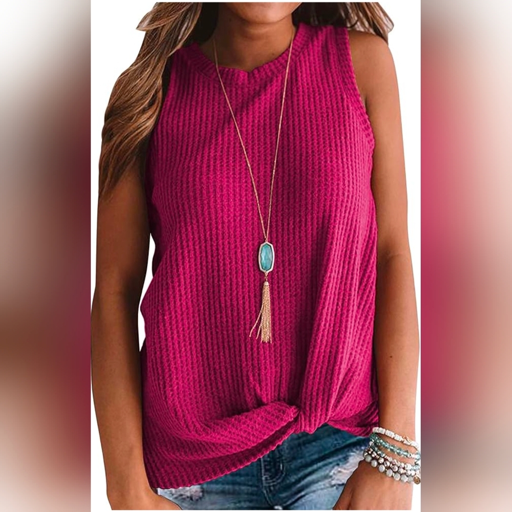 MIHOLL Rose Red Women's Casual Sleeveless Twist Knot Waffle Knit top